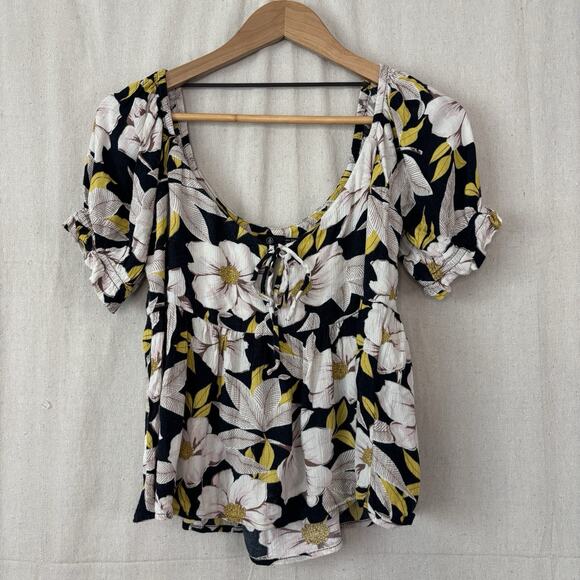 Volcom Floral Baby Doll Top Women Small Black White Yellow Boho Y2K Festival - Picture 1 of 9